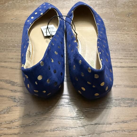 Express Shoes Womens Size 8 Royal Blue Pointed Toe Flats Gold Polka Dot Slip On - Picture 3 of 7